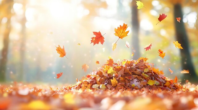 A wideangle view of an autumn woodland, with a large pile of colorful leaves and falling foliage the scene captures the beauty of the season, ideal for text