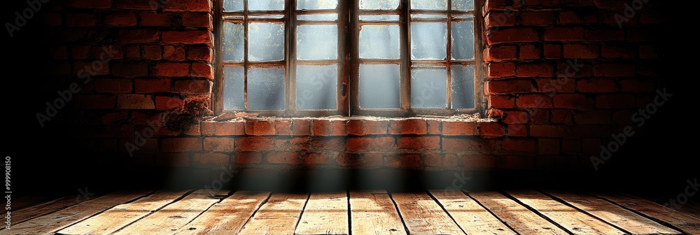 Poster sunbeams illuminate a weathered wooden floor in a dimly lit room with exposed brick walls and a wind