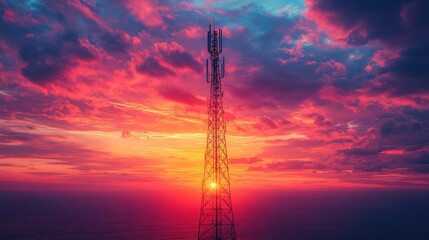 Silhouette of a Telecommunication Tower with Antennas Against a Sunset Sky