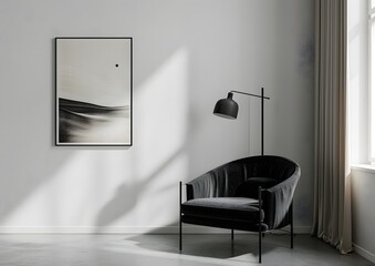Minimalist Living Room with Black Armchair and Art Print