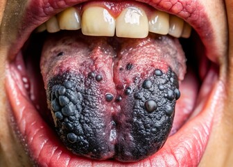 Obraz premium Close-Up Images of Black Tongue Condition in Various Lighting and Textures for Medical Use and Education