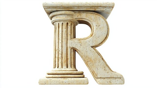 letter R stands majestically, sculpted from an antique column texture, conveying a sense of history and artistry against a clean white background, inviting admiration and creativity.