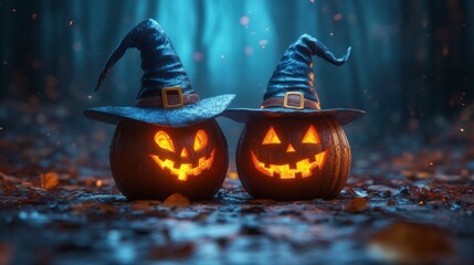 Glowing Jack-o'-Lanterns with Witch Hats in a Spooky Halloween Forest