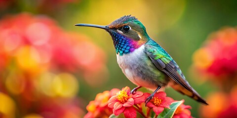 Fototapeta premium A small bee hummingbird perches delicately on a flower, highlighting its extraordinary size and vivid hues, creating a