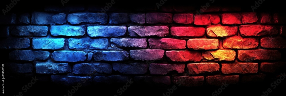 Aufkleber an old brick wall illuminated by a gradient of blue, purple, and red lighting creating an abstract a