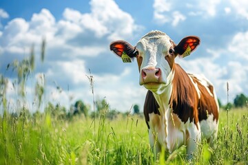 White and brown cow in the grassy field. generative ai