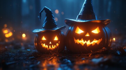 Fototapeta premium Glowing Jack-o'-Lanterns with Witch Hats in a Spooky Halloween Forest