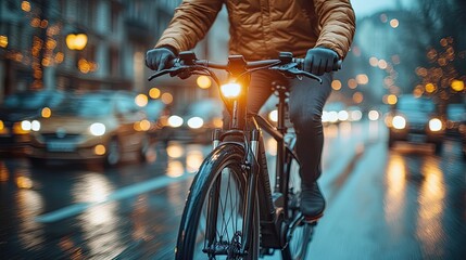 midsection of businessman commuter with electric bicycle traveling from work in city