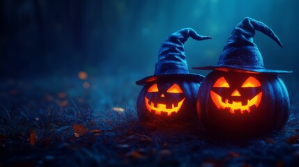 Naklejka premium Glowing Jack-o'-Lanterns with Witch Hats in a Spooky Halloween Forest