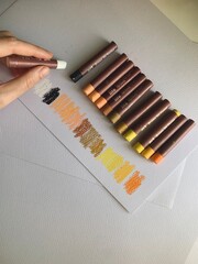 Oil pastel swatches top view, skin colors palette, soft crayon pencils, wax pastels on paper, artist mockup