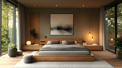 Fototapeta premium Modern Bedroom Design with Wooden Bed Frame and Natural Light