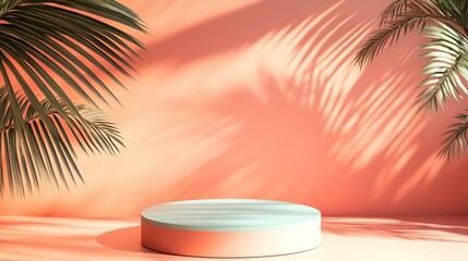 Obraz premium A product display with a peach podium with palm leaves against a peach background.