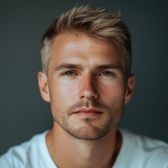 Fototapeta premium man with serious expression posing in casual white t-shirt on grey background