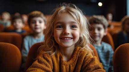 mother with happy small children in the cinema watching film