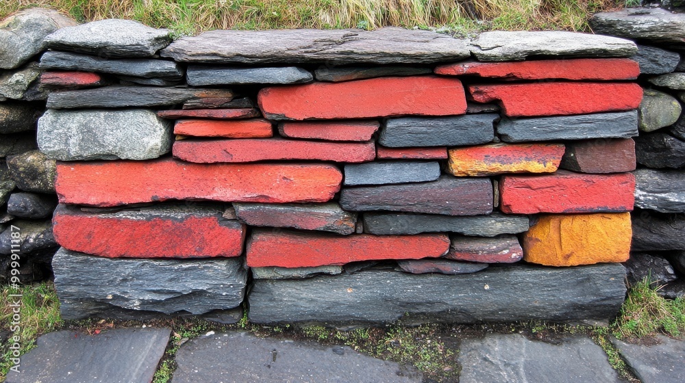 Aufkleber a stone wall with red and yellow accents creating a patchwork of color