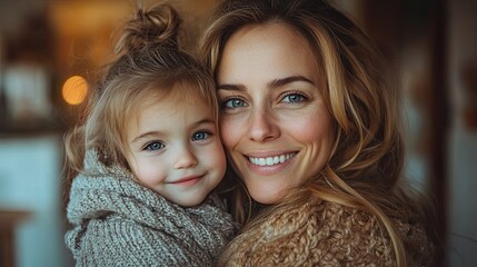 mother with small daughter hugging in entrance hall indoors in the morning leaving for work and nursery school