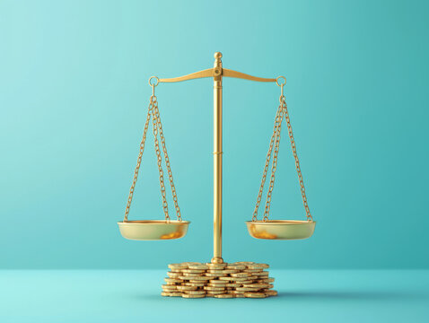 A gold scale with a pile of coins on top of it