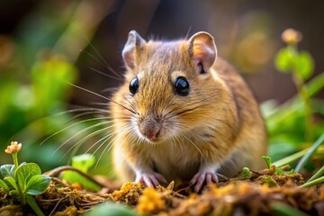 Close-up of a Gerbillinae Rodent foraging in the wild showcasing its vibrant fur and curious nature