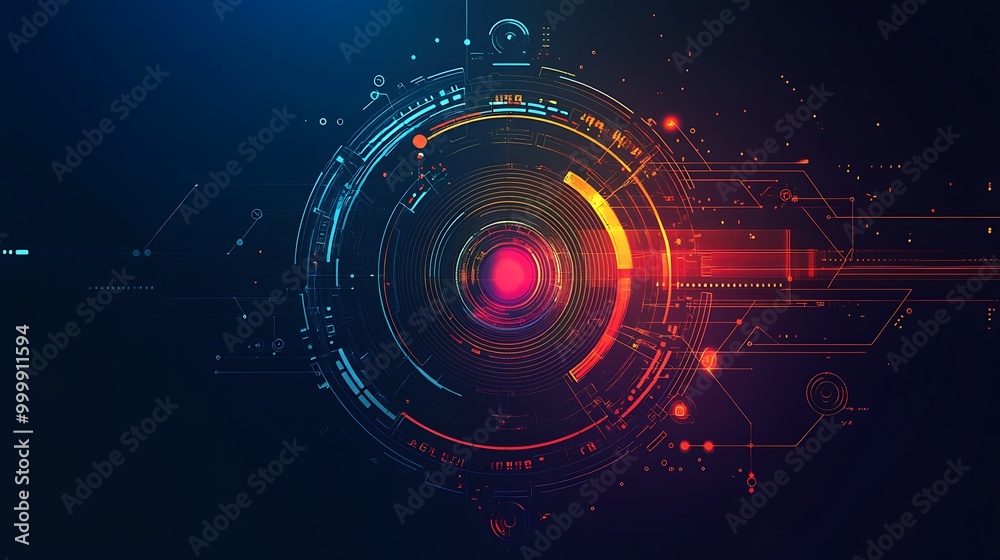 Poster Abstract digital technology background with a glowing red lens in the center surrounded by a futuristic interface.