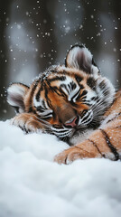 Obraz premium The soft body of a cute baby tiger is resting comfortably in a fluffy snow pile. The cold winter atmosphere surrounds it with snow covering the area