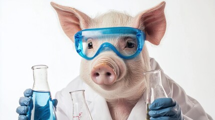 Fototapeta premium Funny Pig Wearing Safety Goggles and Holding Laboratory Equipment