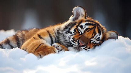 Obraz premium The soft body of a cute baby tiger is resting comfortably in a fluffy snow pile. The cold winter atmosphere surrounds it with snow covering the area