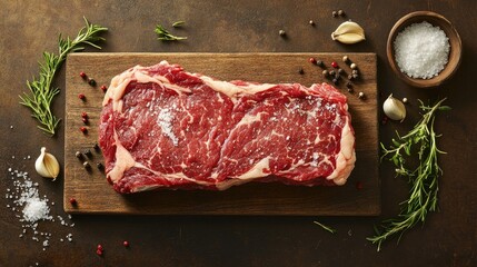 A raw ribeye steak on a wooden board, with salt, pepper, and garlic cloves scattered around, preparing to be grilled to perfection.