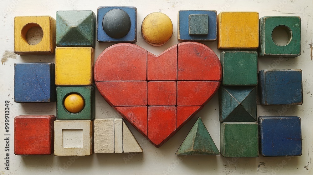Poster a heart-shaped arrangement of wooden blocks, each painted in various colors, creating a vibrant and 