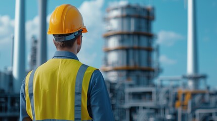 Industrial Worker in Hard Hat and Safety Vest Looking at Factory