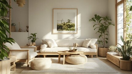 A Scandinavian-style living room with light wood furniture, green plants, and soft, neutral textiles, exuding calm and simplicity