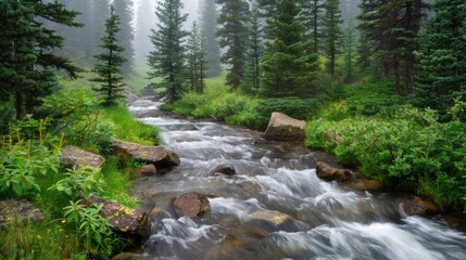 Fototapeta premium Serene River Flowing Through Misty Forest