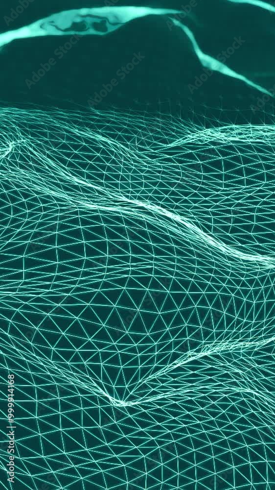 Poster cyberspace with hills and grid. animation. 3d space with cyber relief from grid. disappearing grid o