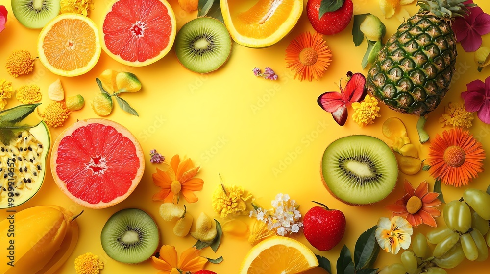 Canvas Prints A flat lay of assorted fruits and flowers on a yellow background, creating a frame with a blank space in the center.