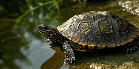 Obraz premium Intricate Patterns on Turtle Shell by Water's Edge