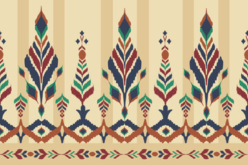 abstract pattern, seamless border background, Creamy yellow pastel color Vector illustration, Hand drawn vintage ikat embroidery, Indian ethnic tribal textile decoration.