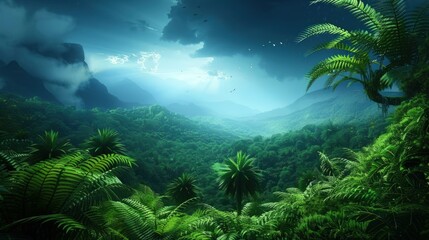 Tropical Rainforest Landscape with Dramatic Clouds