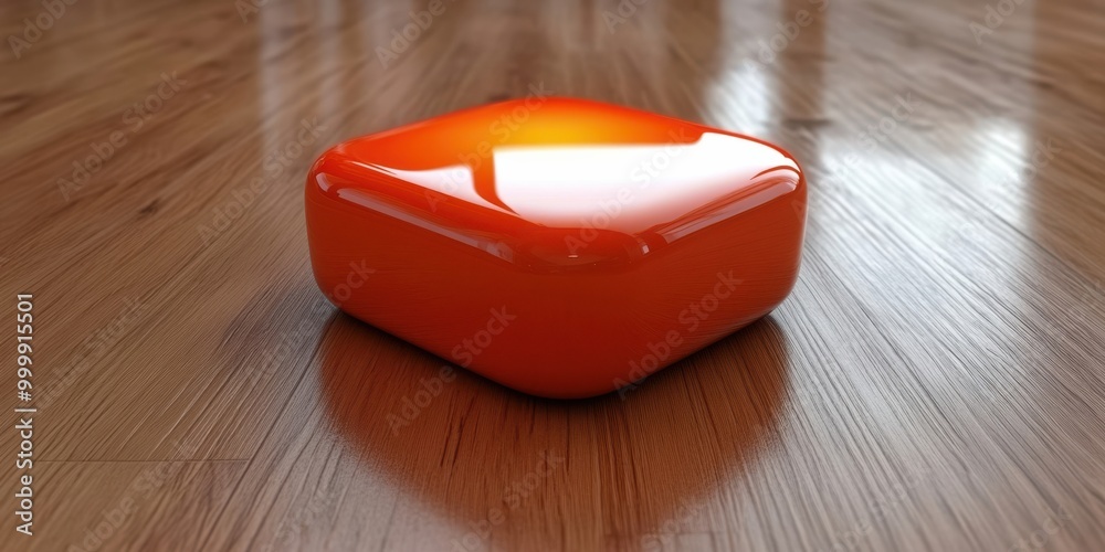 Poster a smooth, glossy orange cube resting on a wooden floor, reflecting light with a subtle glow