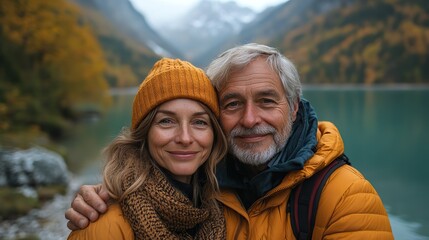 Fototapeta premium portrait of beautiful active elderly couple taking selfie during hike in autumn mountains senior tourists embracing each other in front of lake