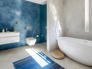 Stylish Bathroom with Elegant Blue and White Microcement Finishes, Complemented by Modern Fixtures and Tranquil Decor