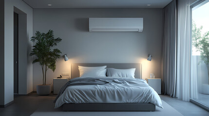 White air conditioner emitting cool blue breeze, blowing across bedroom, covering small particles, creating fresh atmosphere.