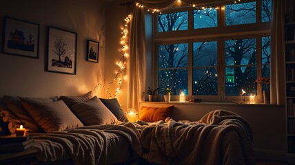 Cosy Reading Nook with Soft Blankets and Fairy Lights