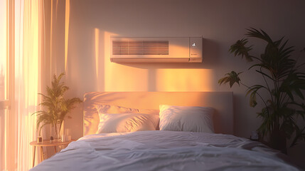White air conditioner emitting cool blue breeze, blowing across bedroom, covering small particles, creating fresh atmosphere.