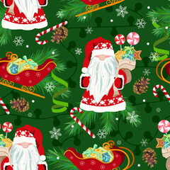 Seamless vector illustration with cute Christmas gnomes in Santa costume on a green background. For decorating textiles, packaging, wallpaper.