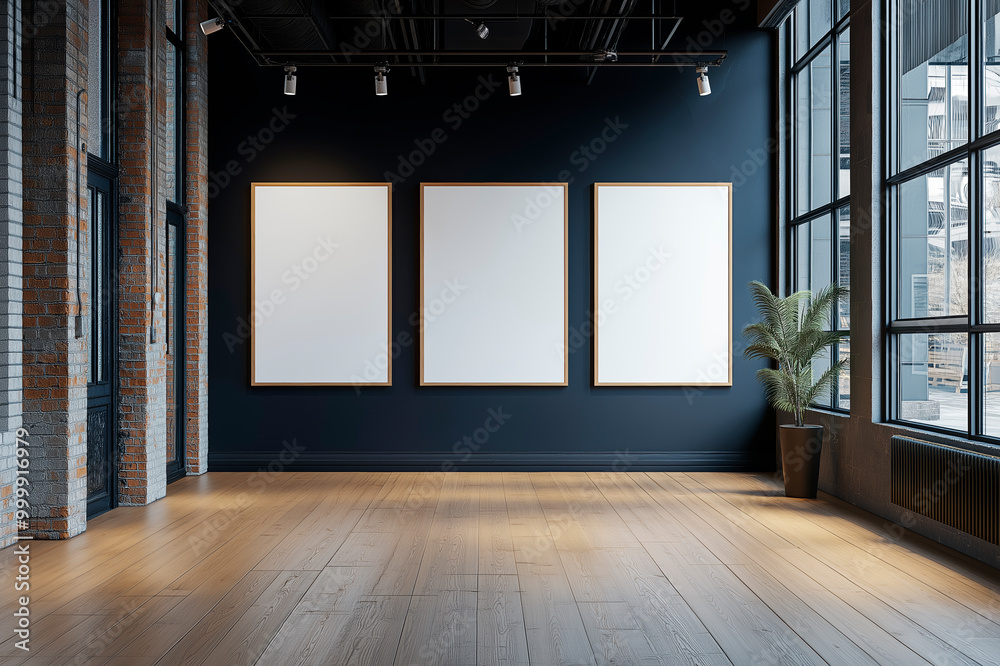 Poster three blank vertical posters on a dark wall in a modern room with large windows and a wooden floor. 
