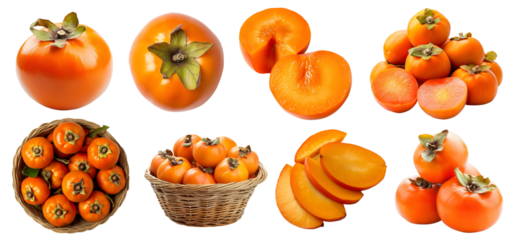 Persimmon Persimmons tropical fruit, many angles and view side top front heap pile bunch basket slice isolated on transparent background cutout, PNG file. Mockup template for artwork graphic design

