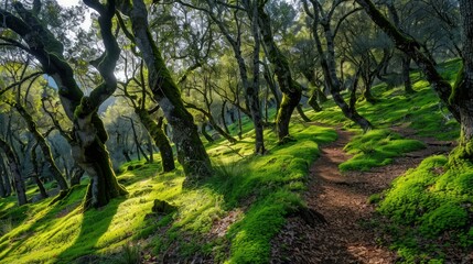 Fototapeta premium Sunlit Path Through a Lush, Mossy Forest