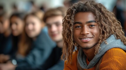 portrait of group of university students sitting in classroom indoors studying