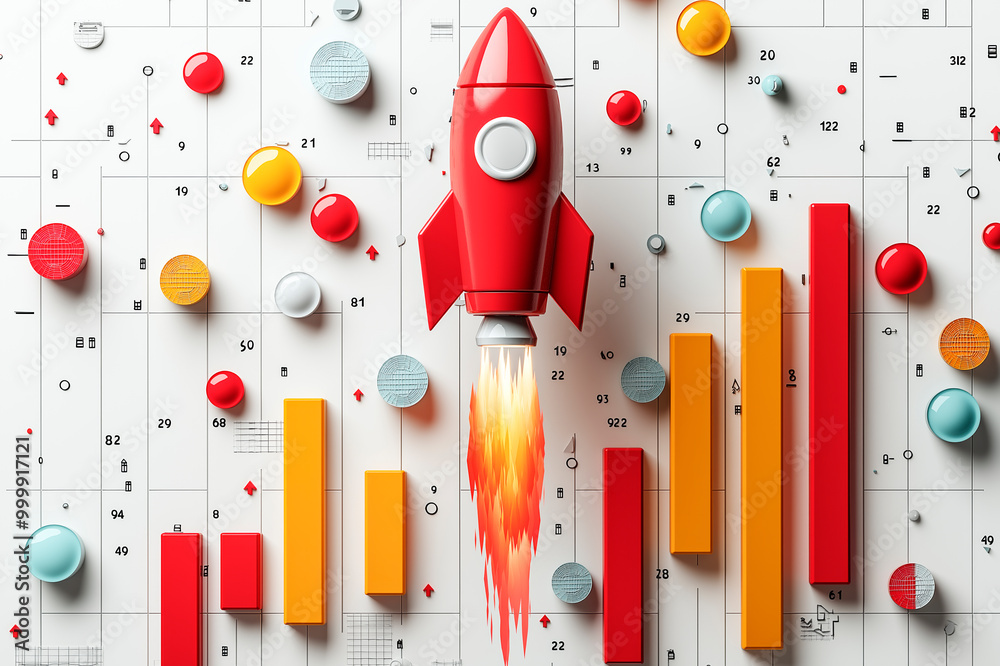 Poster red rocket launching amidst colorful geometric shapes on a white background. ai generative.