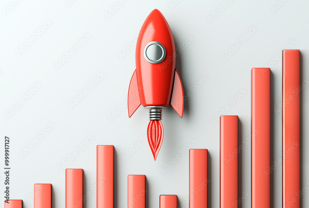 Poster red rocket launching next to ascending bar graph on light background, symbolizing business growth an