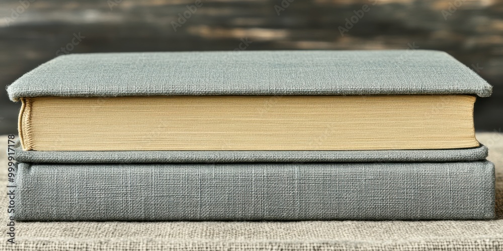 Aufkleber two books stacked atop each other on a textured fabric surface, revealing a glimpse of a rustic wood